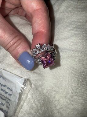 Bomb Party silver Ring with Pink Square Gemstone and Clear Accents